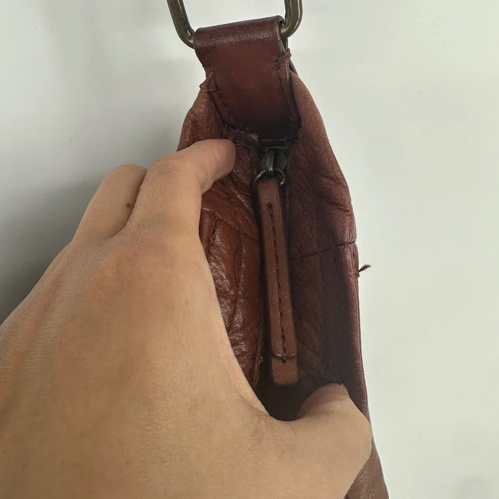 American Leather Co Austin Cognac Brown Pebbled Leather Hobo Shoulder Bag Zipper